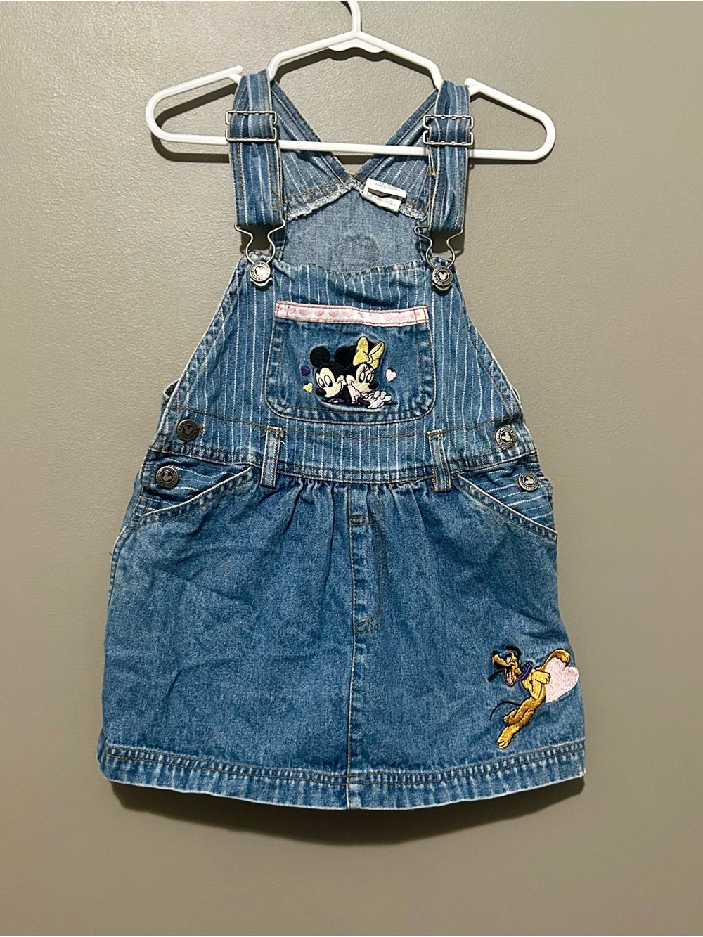 VINTAGE Disney Denim Girls' Overall Dress with Minnie & Mickey Embroidery